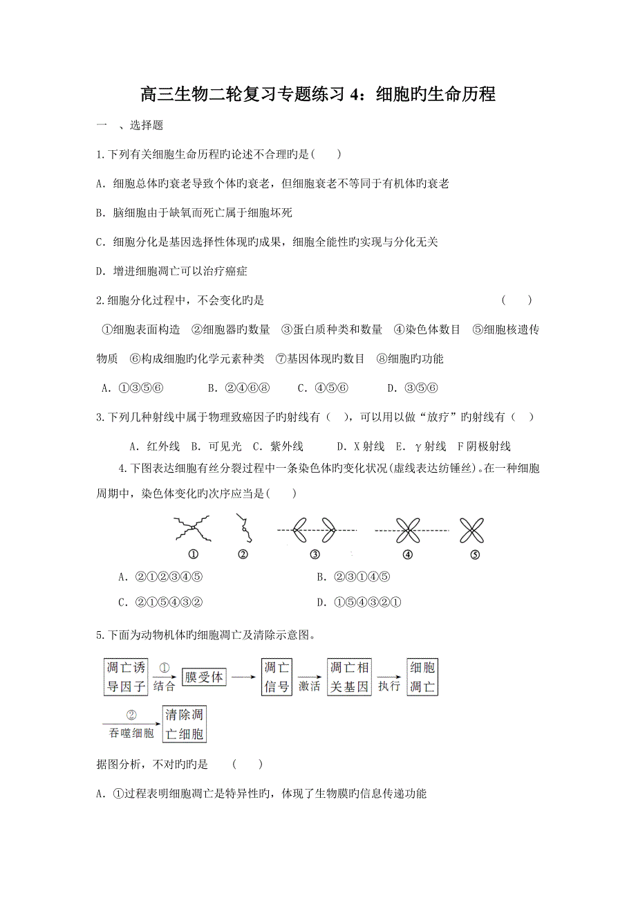 高三生物二轮复习专题练习细胞的生命历程_第1页