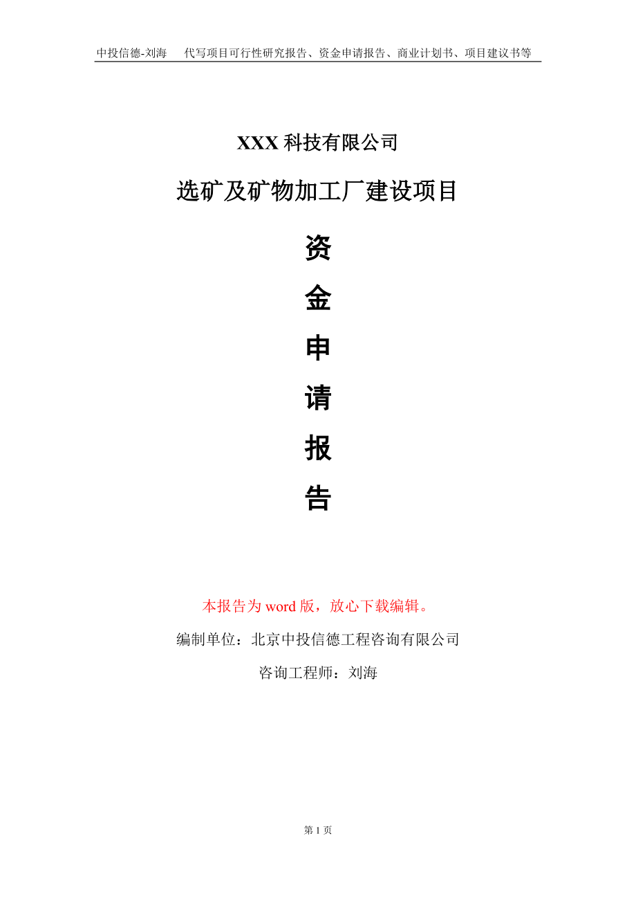 选矿及矿物加工厂建设项目资金申请报告写作模板_第1页