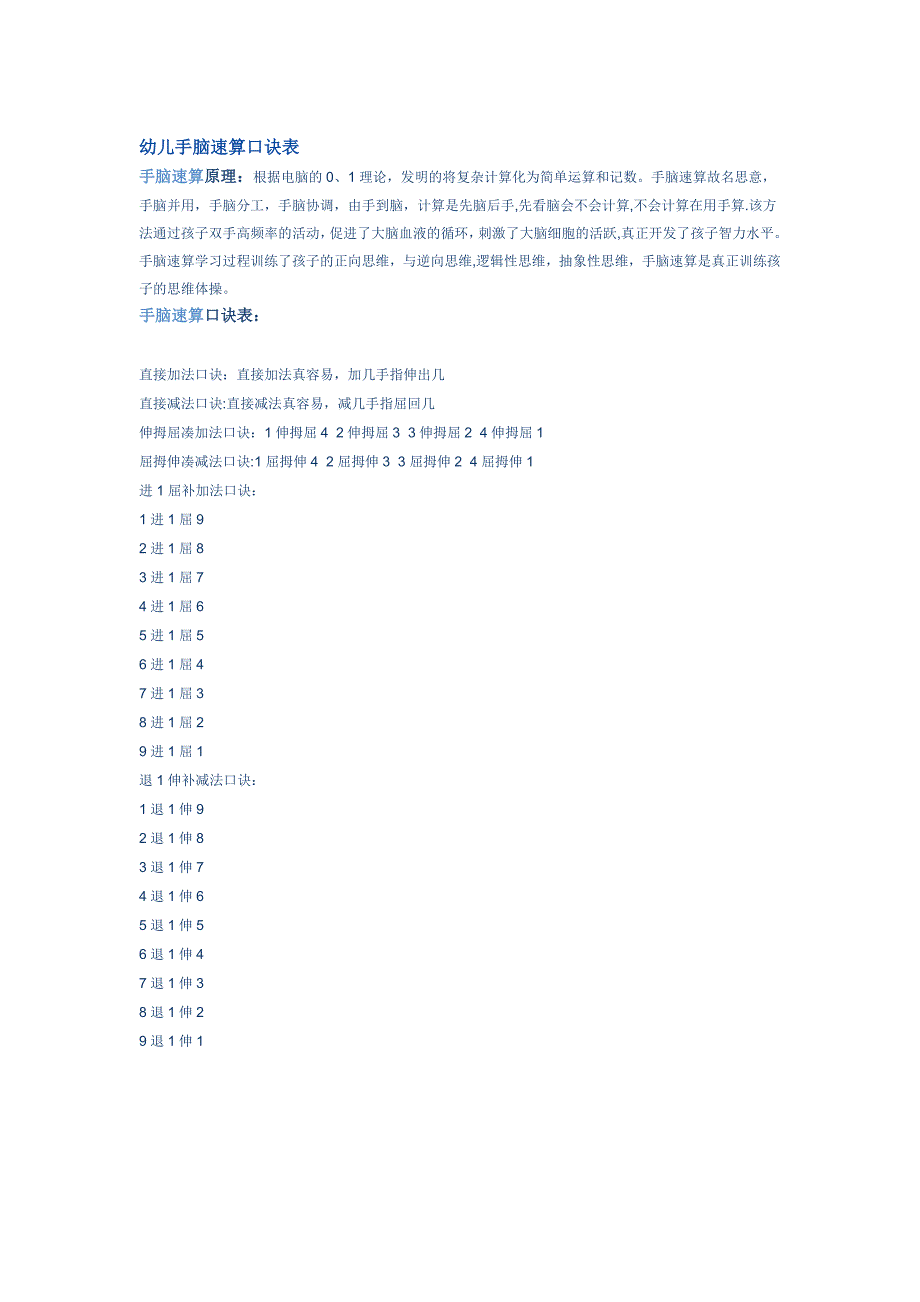 幼儿手脑速算口诀表_第1页