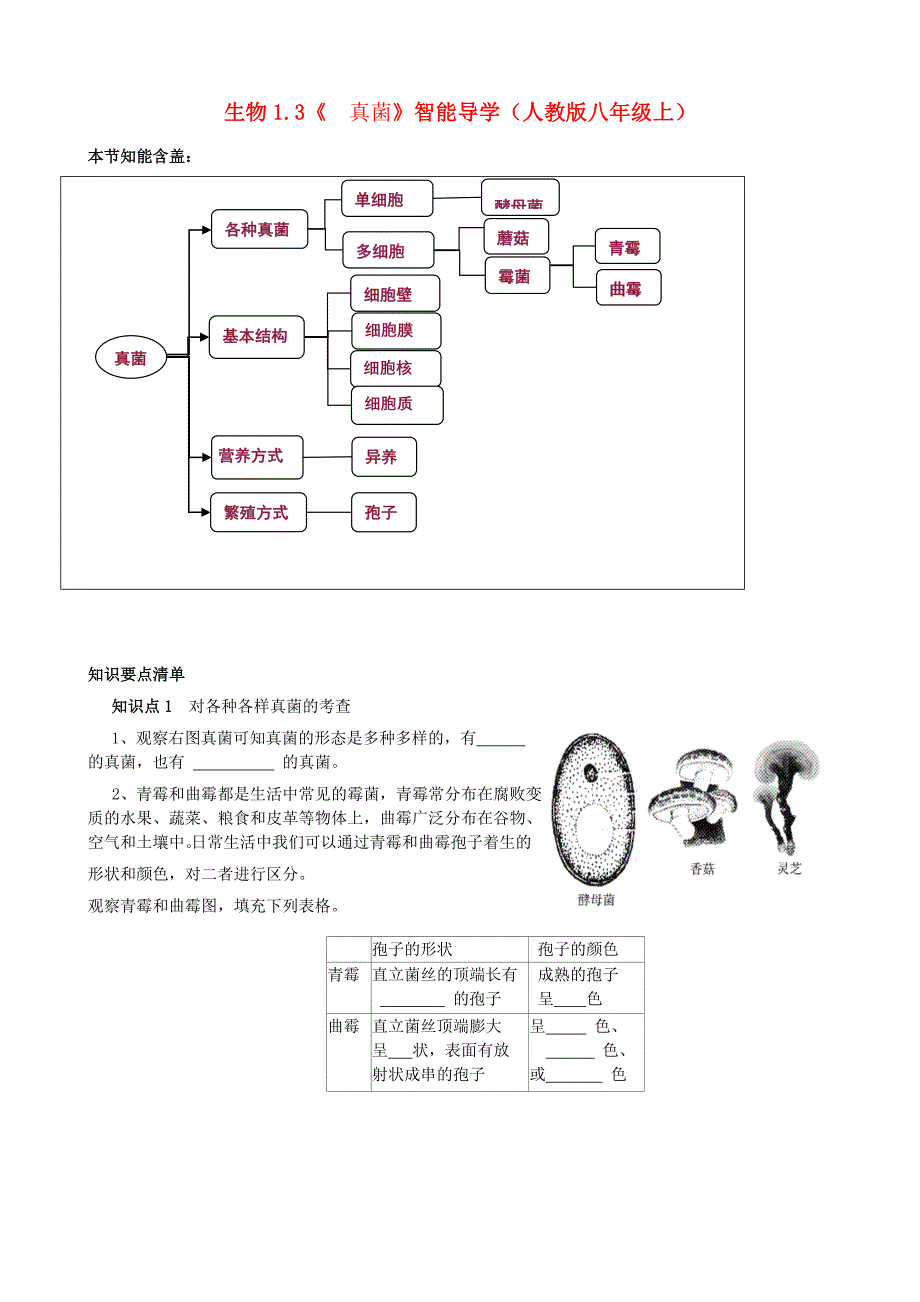 八年级生物上册1.3真菌智能导学新人教版_第1页