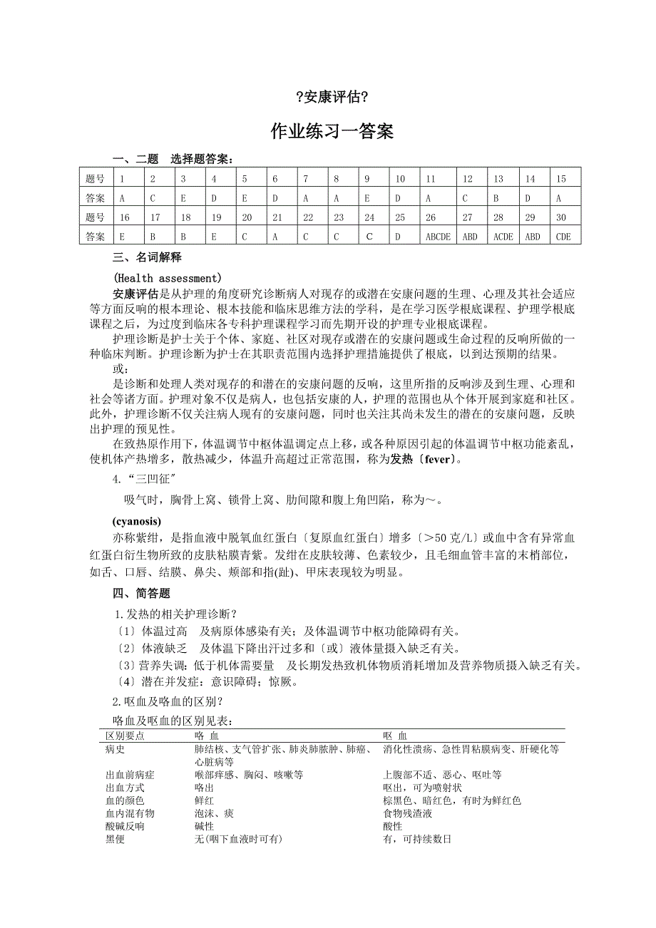 健康评估作业参考答案_第1页