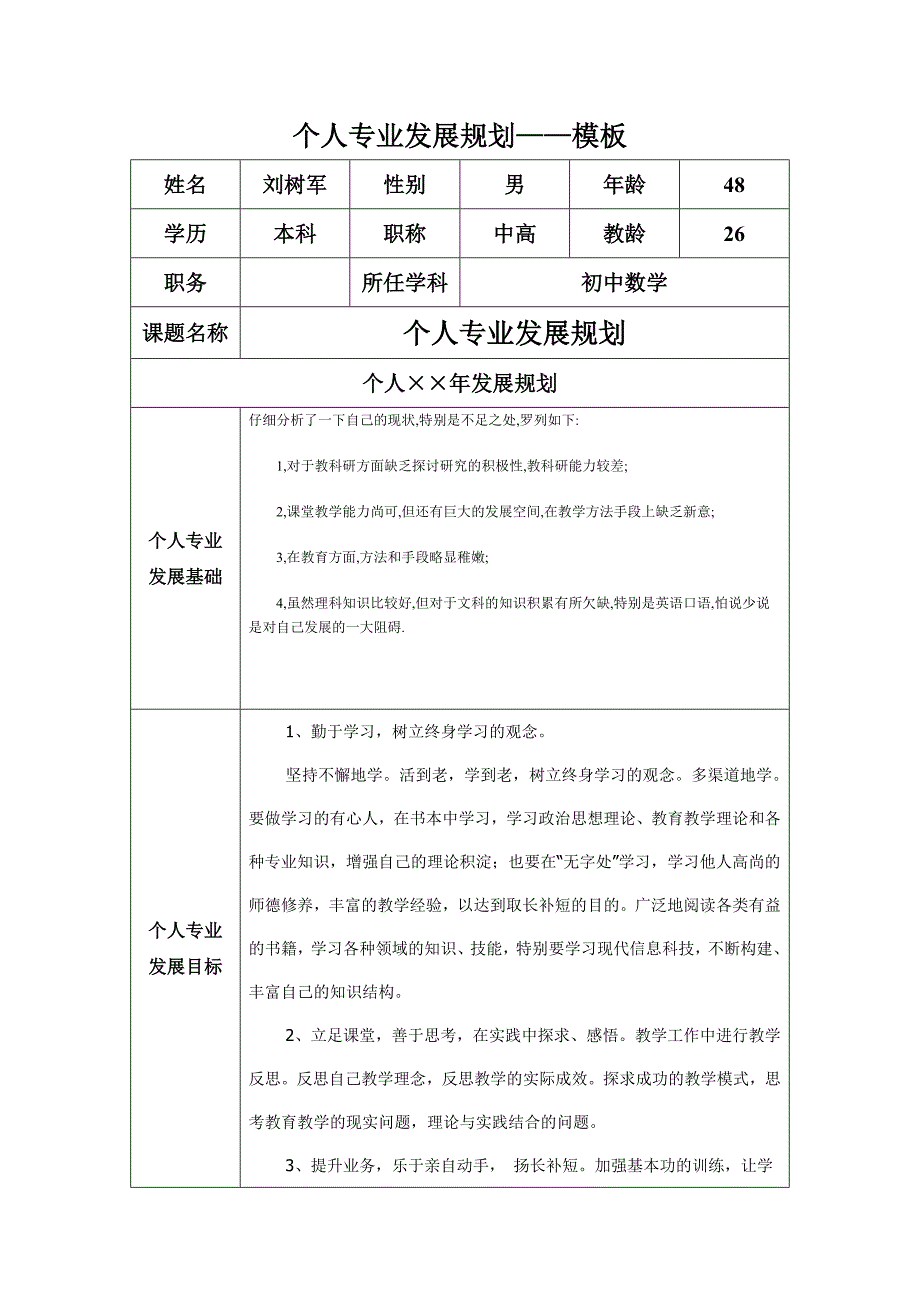 刘树个人专业发展规划模板.docx_第1页