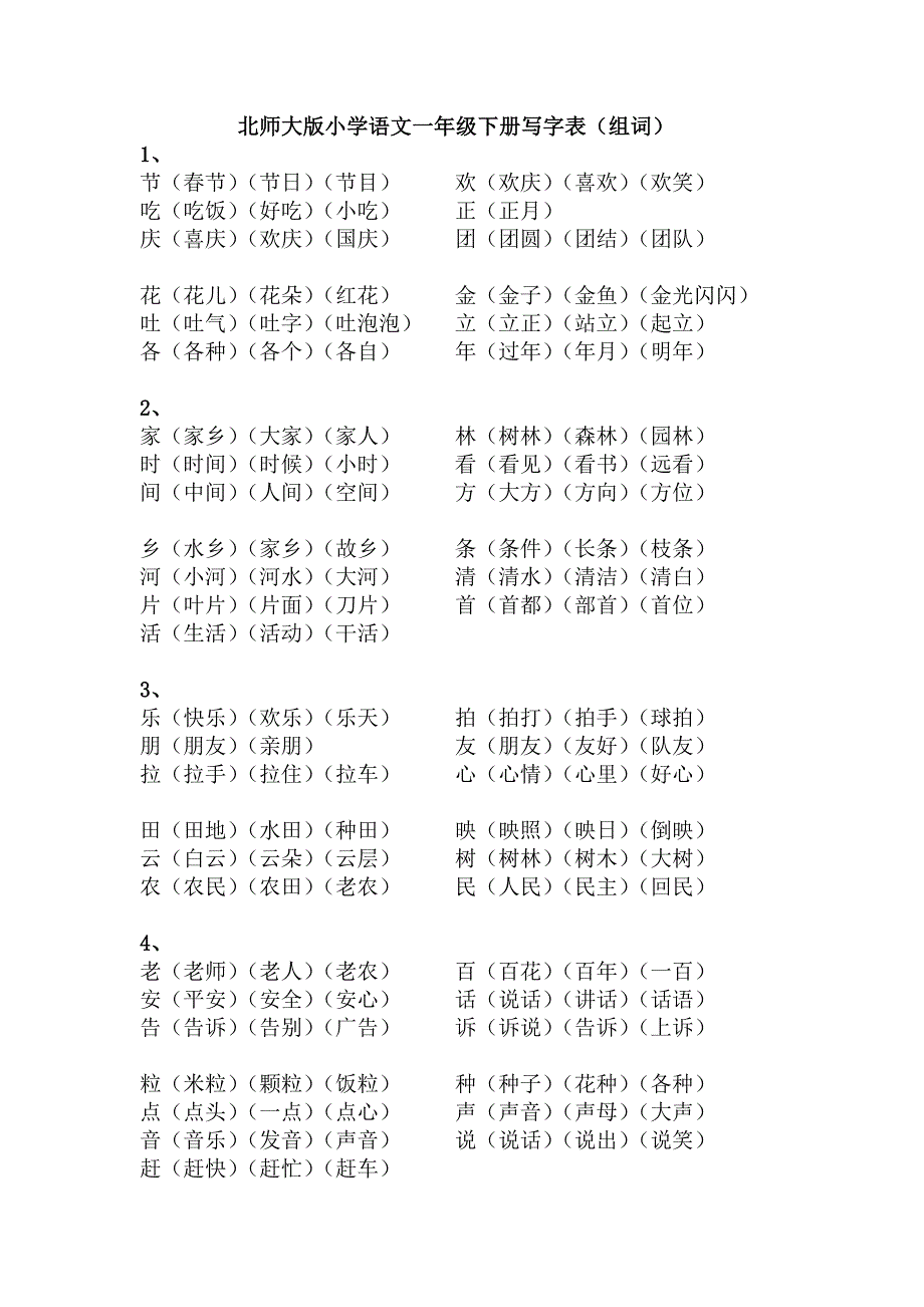 北师大版小学语文一年级下册组词_第1页