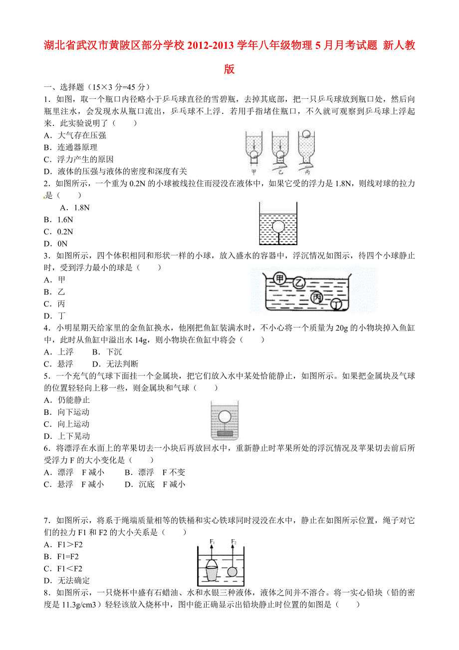 湖北省武汉市黄陂区部分学校2012-2013学年八年级物理5月月考试题 新人教版_第1页