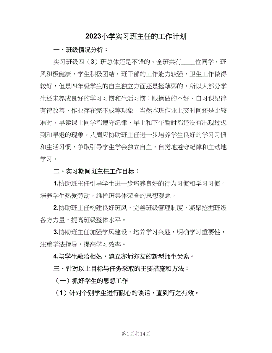 2023小学实习班主任的工作计划（五篇）.doc_第1页