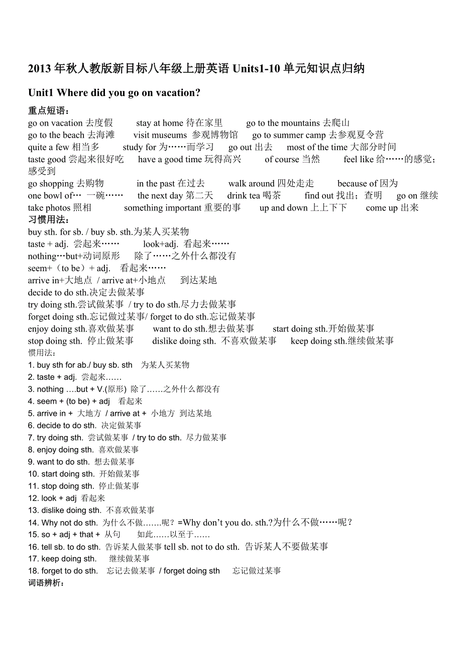 2013年秋人教版新目标八年级上册英语Units1-10单元知识点_第1页