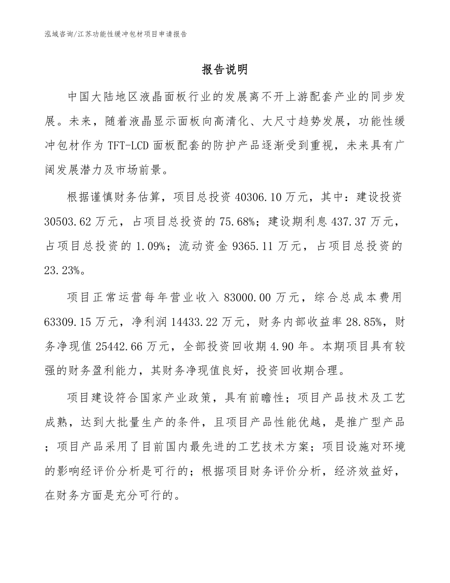 江苏功能性缓冲包材项目申请报告（范文）_第1页