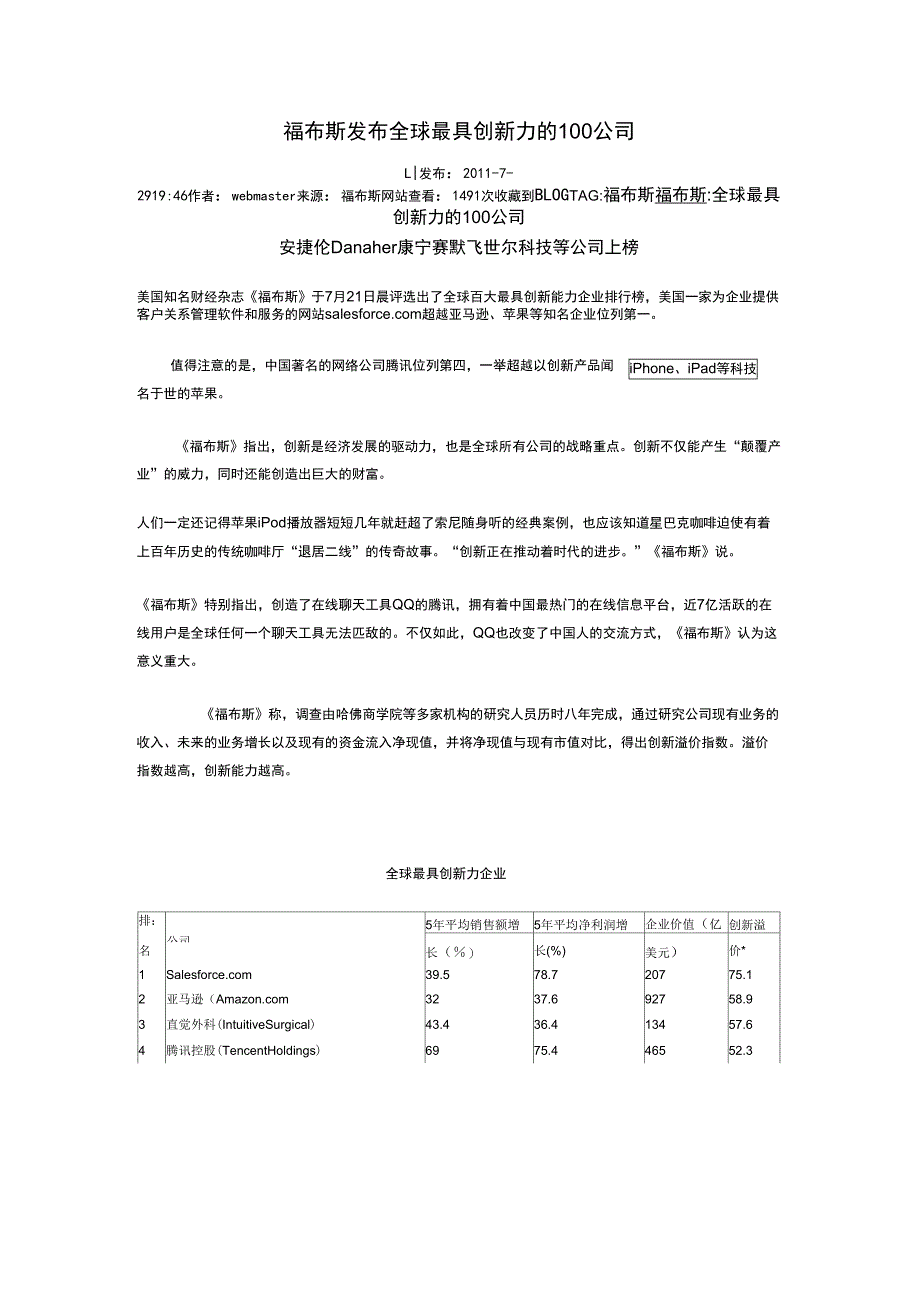 福布斯发布全球最具创新力的100公司_第1页