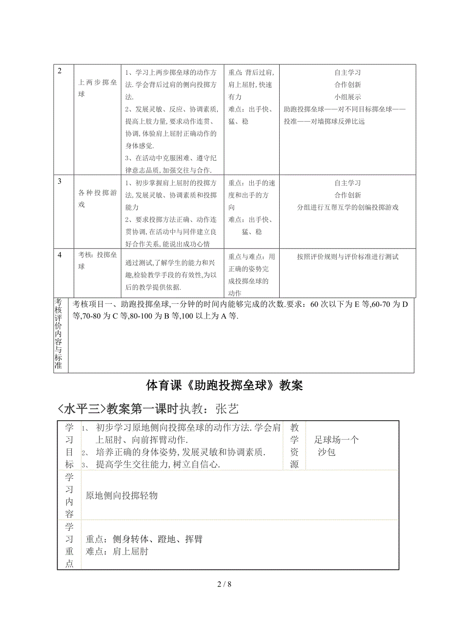 助跑投掷垒球单元计划和课时教案_第2页