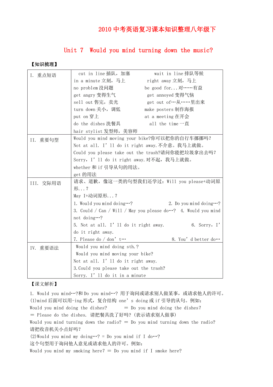 2010中考英语复习课本知识整理 八年级下 Unit7_第1页