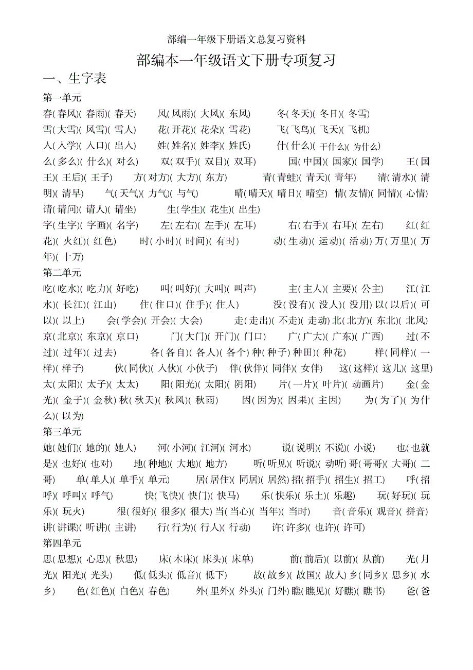 2023年部编一年级下册语文总复习最全面精品资料_第1页