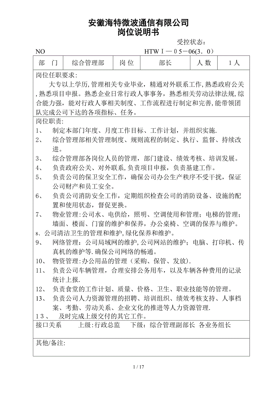 安徽XX通信有限公司综合管理部岗位职责_第1页