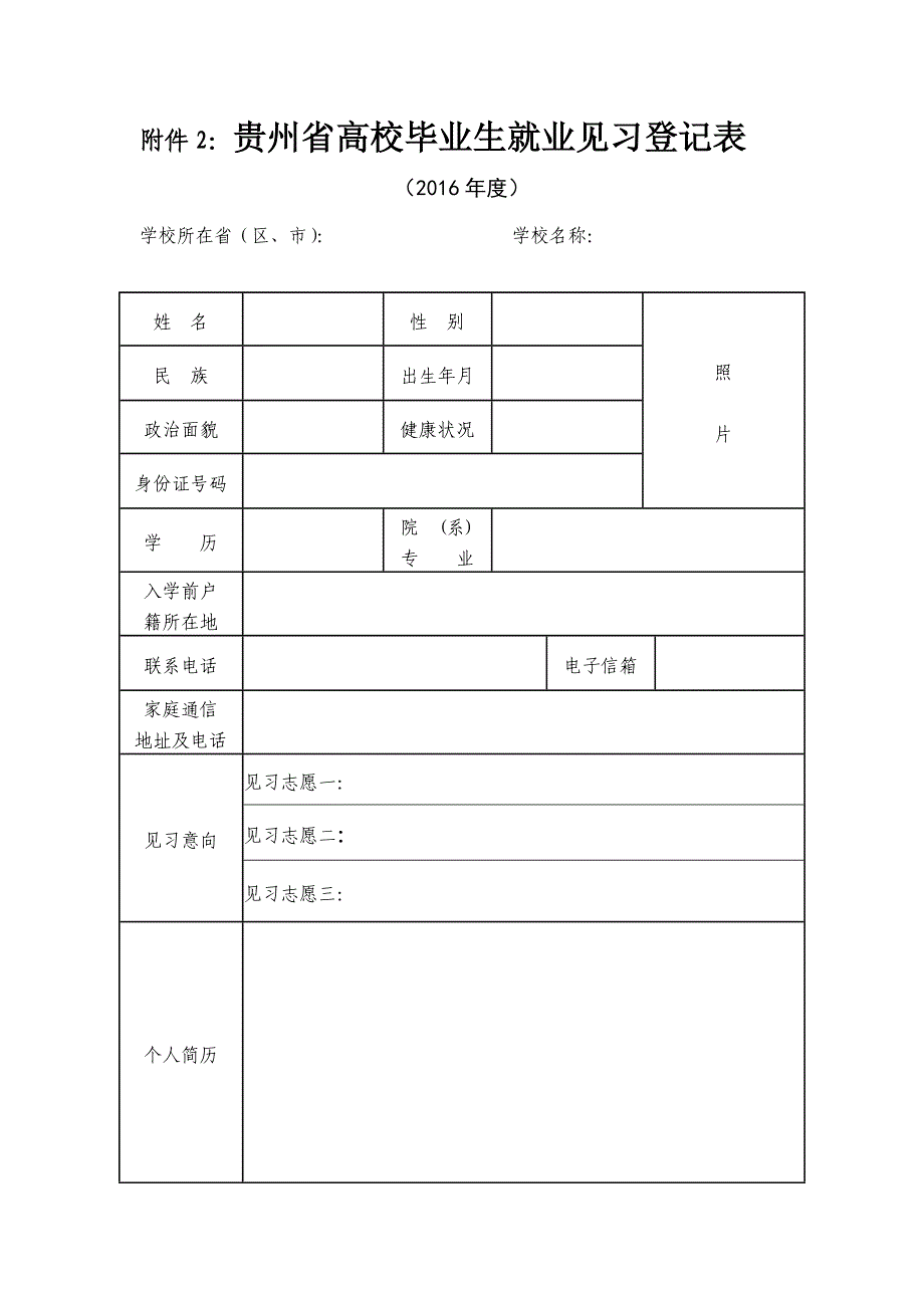 贵州省高校毕业生就业见习登记表_第1页