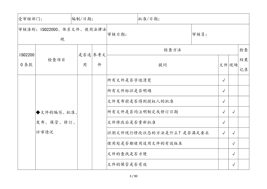 新版ISO22000食品安全内审检查表_第3页