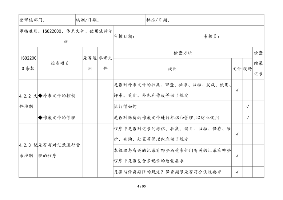 新版ISO22000食品安全内审检查表_第4页