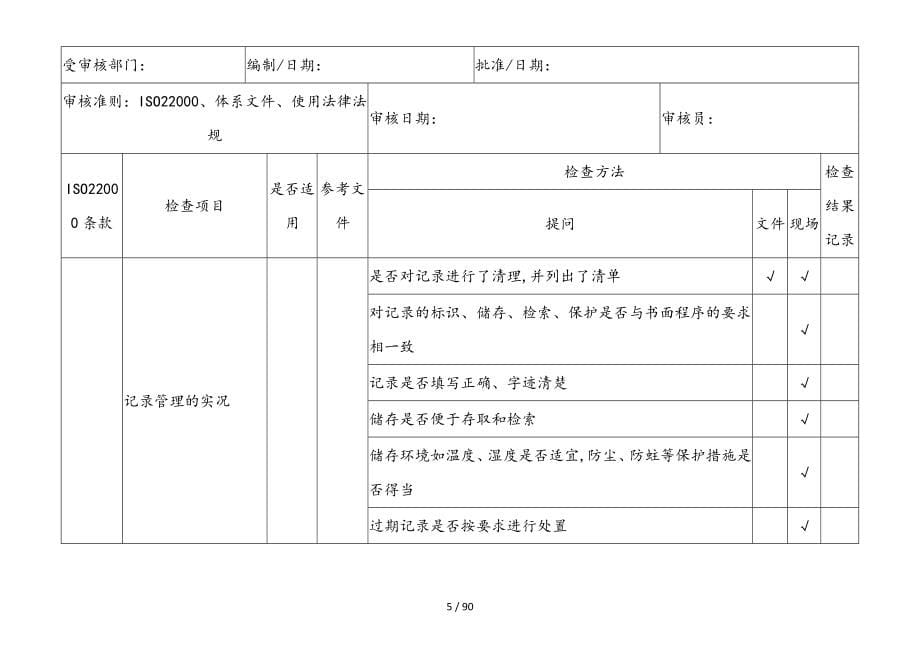 新版ISO22000食品安全内审检查表_第5页