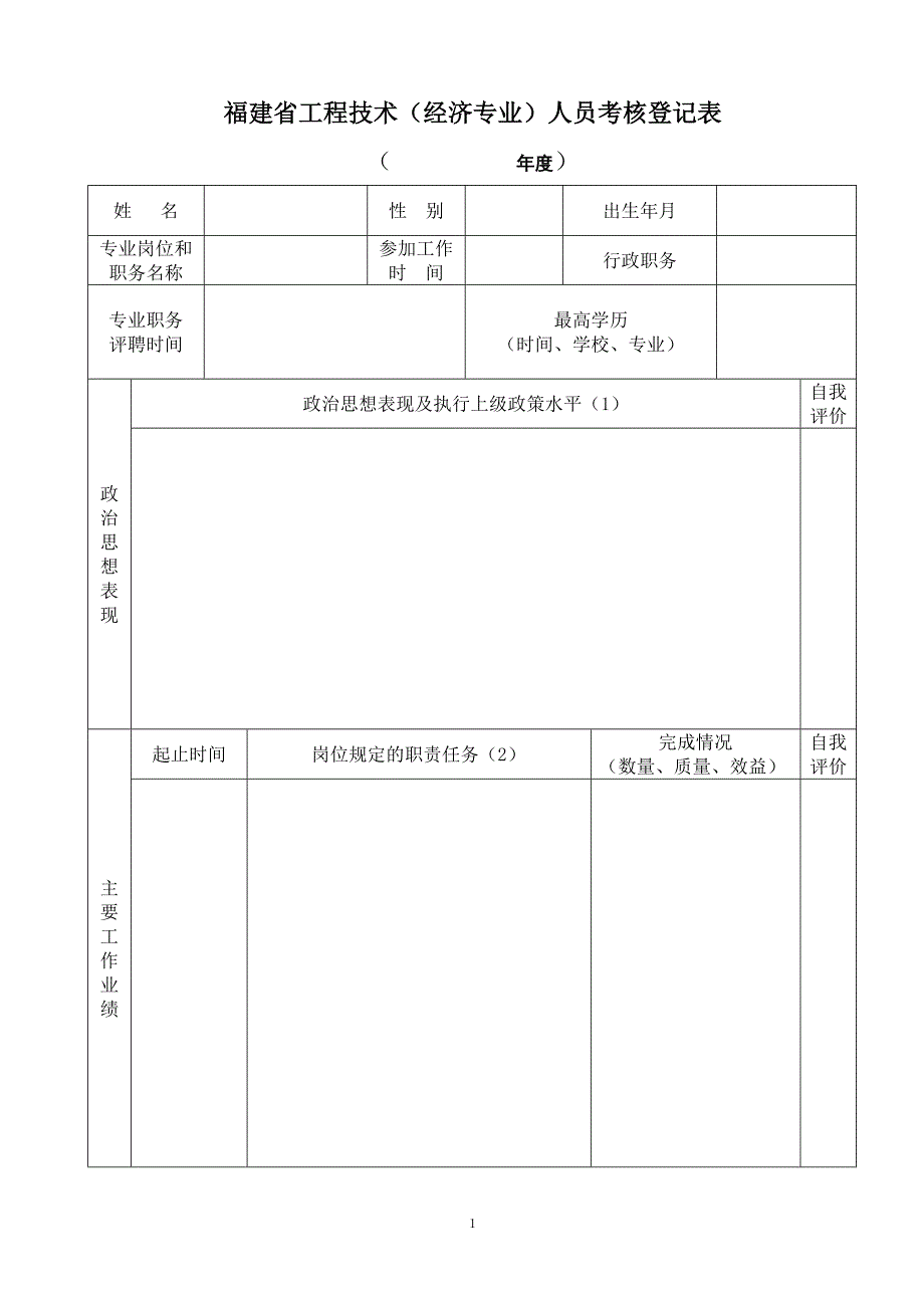 福建省工程技术(经济专业)人员考核登记表_第1页