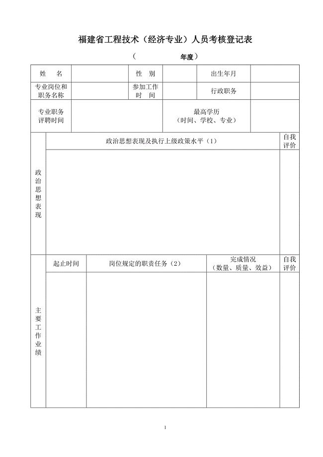 福建省工程技术(经济专业)人员考核登记表