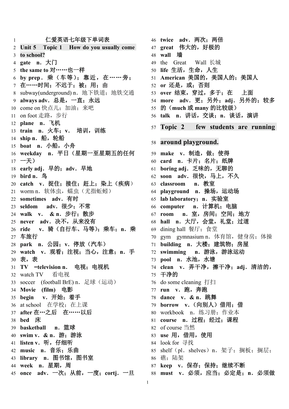 仁爱英语七年级下册单词表中英文分栏_第1页
