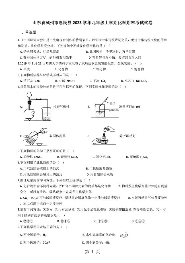 2023年山东省滨州市惠民县学年九年级上学期化学期末考试试卷解析版.doc