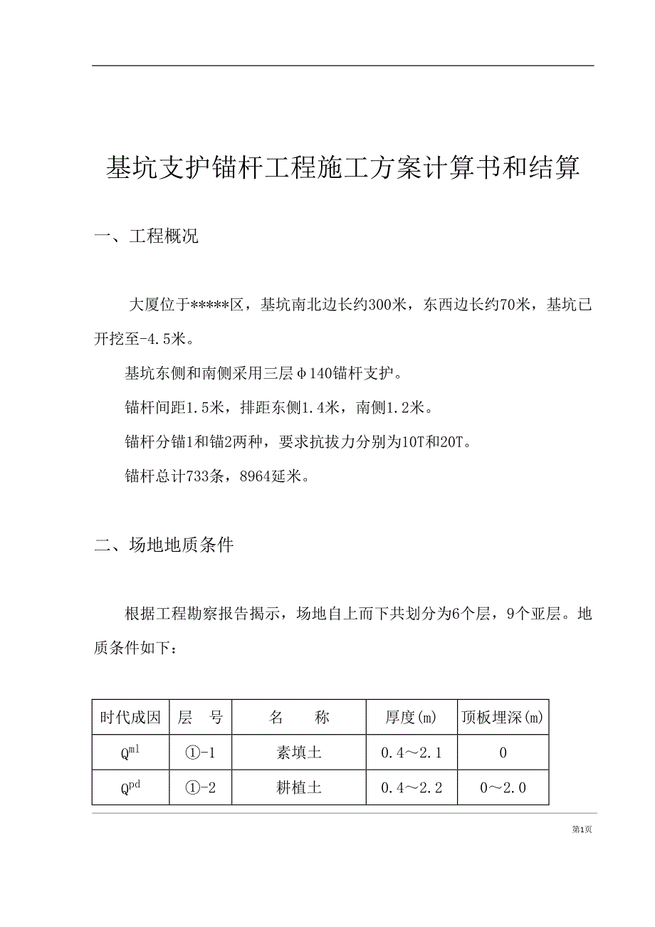 新《施工方案》基坑支护锚杆工程施工组织设计方案计算书和结算_第1页