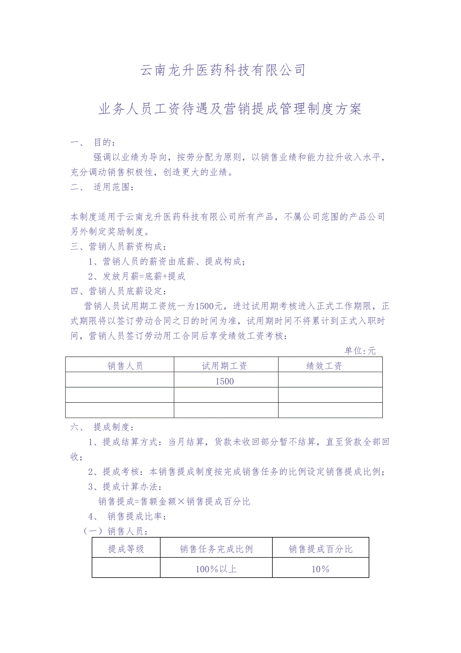 医药科技有限公司销售人员工资待遇及销售提成管理制度方案(2)（天选打工人）.docx_第1页