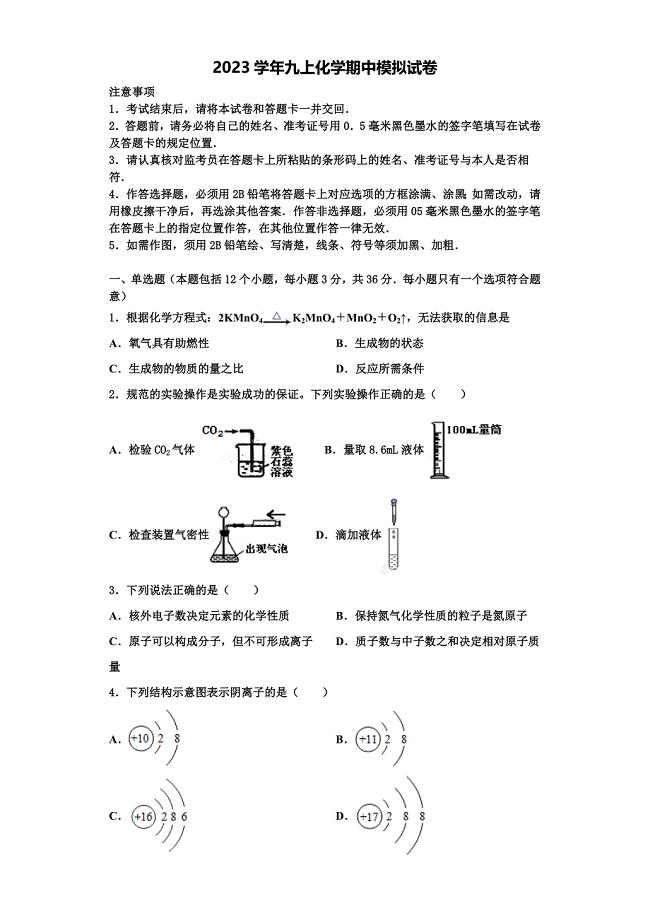 2023学年江苏省南京市上元中学化学九上期中综合测试试题含解析.doc