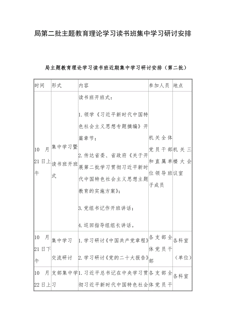 局第二批主题教育理论学习读书班集中学习研讨安排.docx_第1页