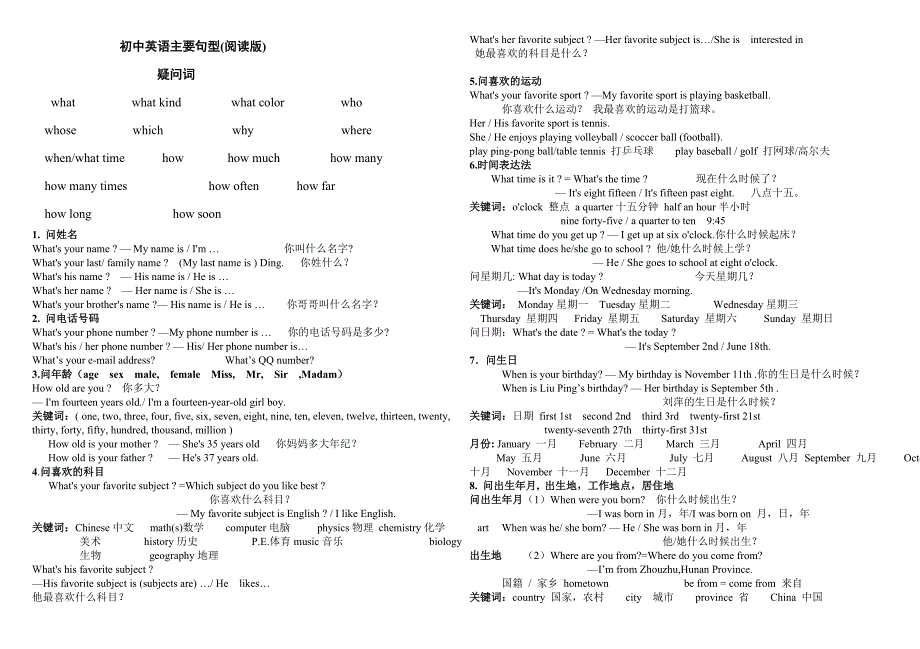初中英语句型和交际用语_第1页
