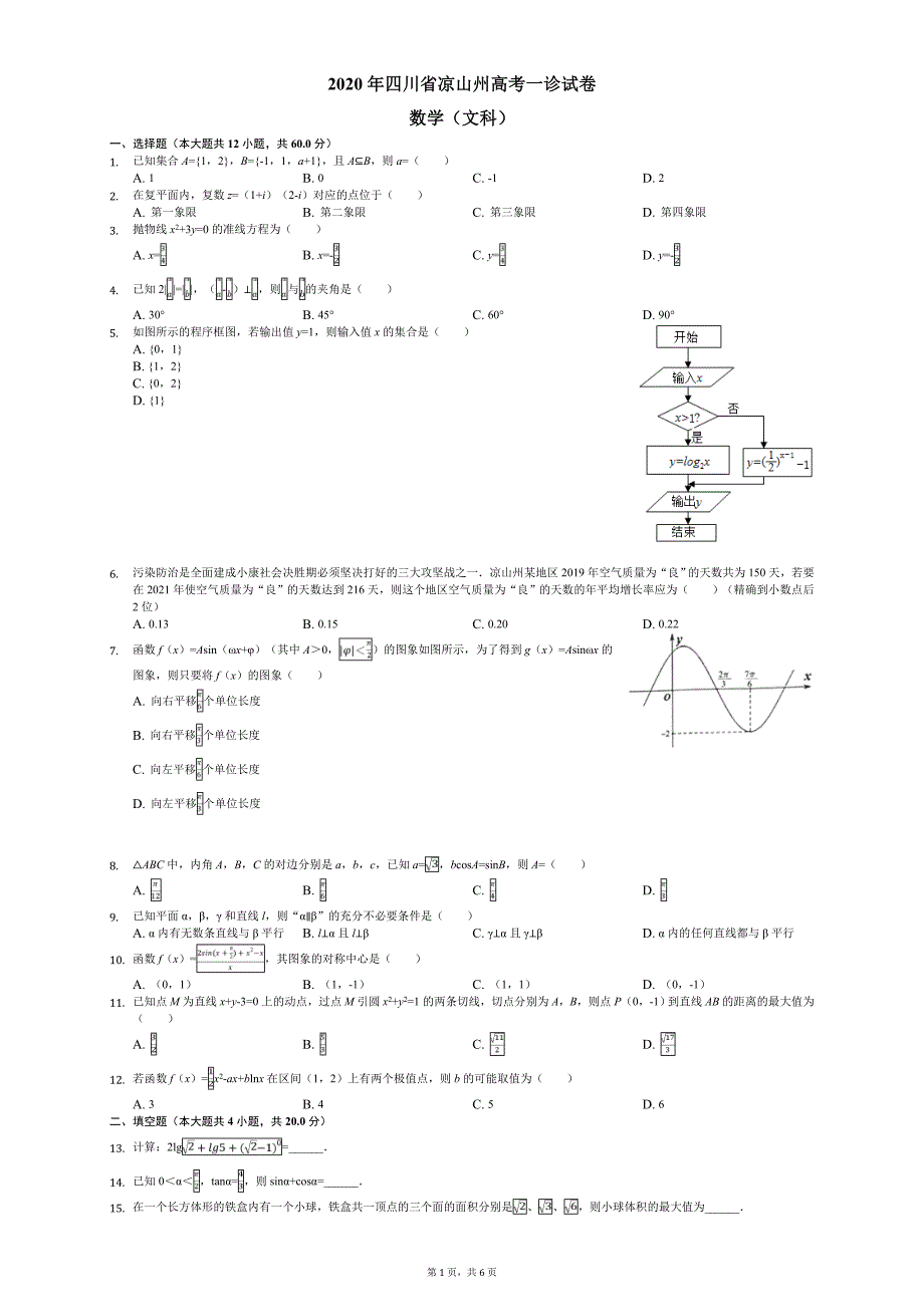 2020届凉山州高考数学一诊试卷（文科）（word版）_第1页