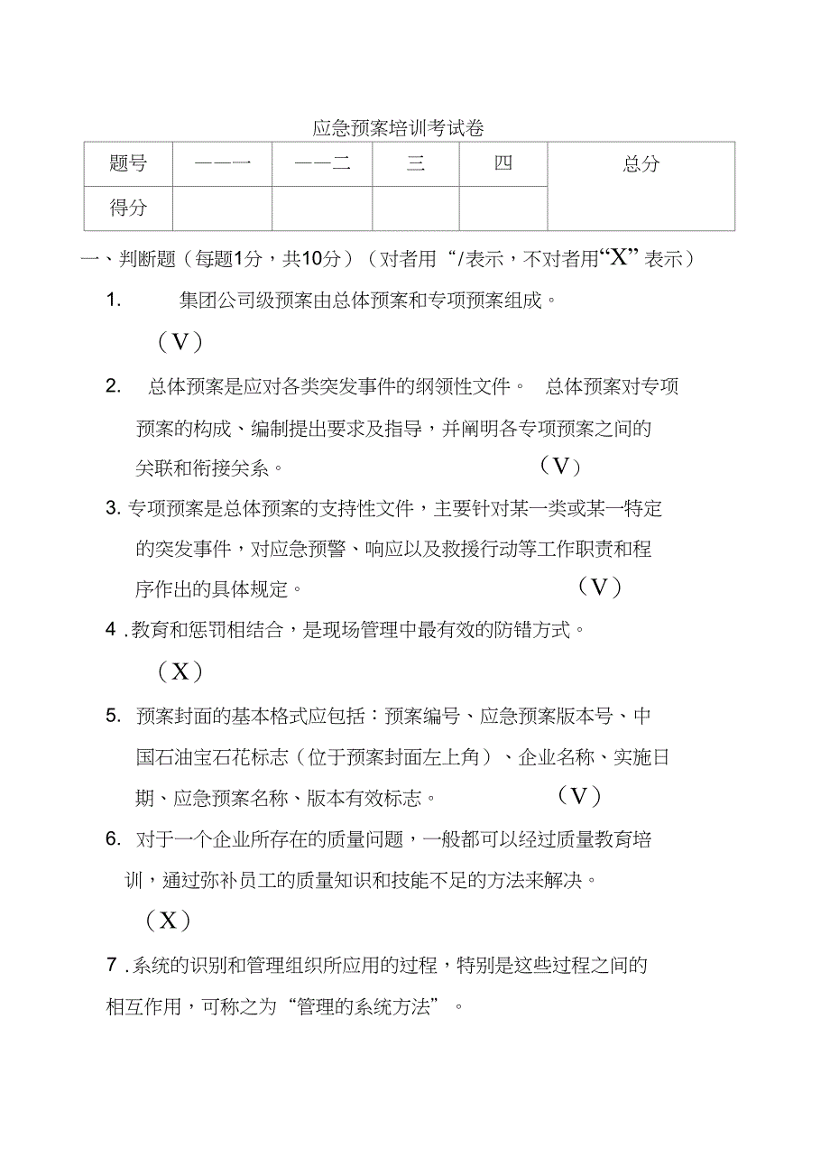 应急预案培训考试题+复习资料_第1页