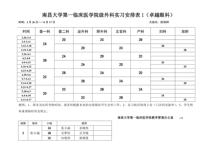 南昌大学第一临床医学院外科实习安排表I卓越眼科_第1页