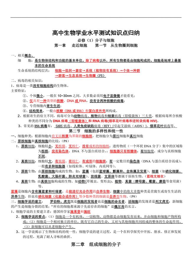 最新版高中生物学业水平测试知识点归纳
