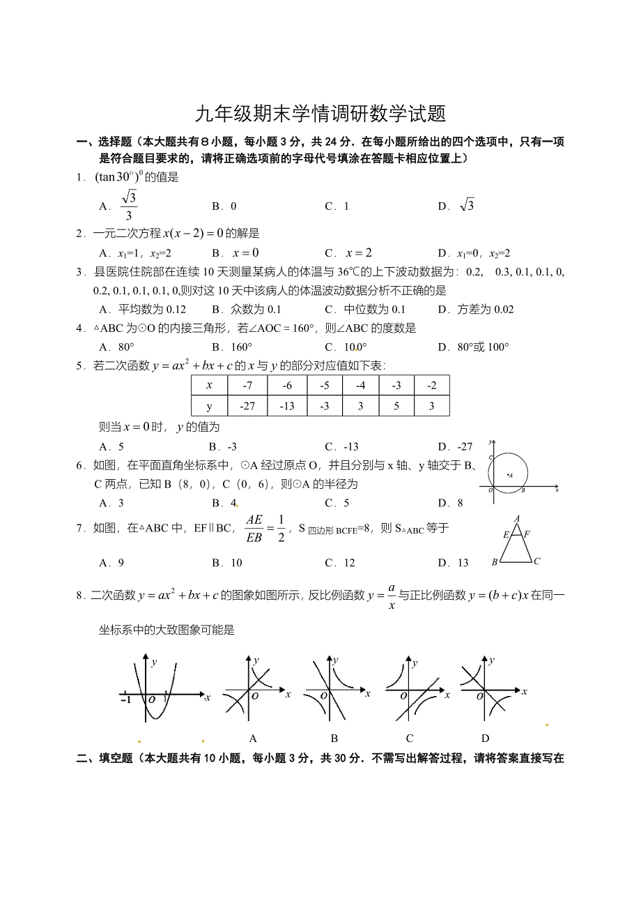 [苏科版]九年级上学期期末调研考试数学试题及答案_第1页