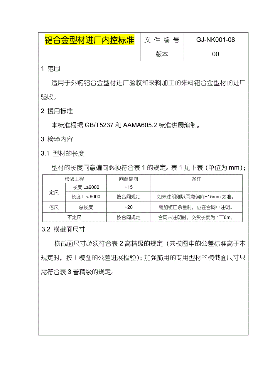 2022年铝合金型材进厂内控标准 - 副本_第1页