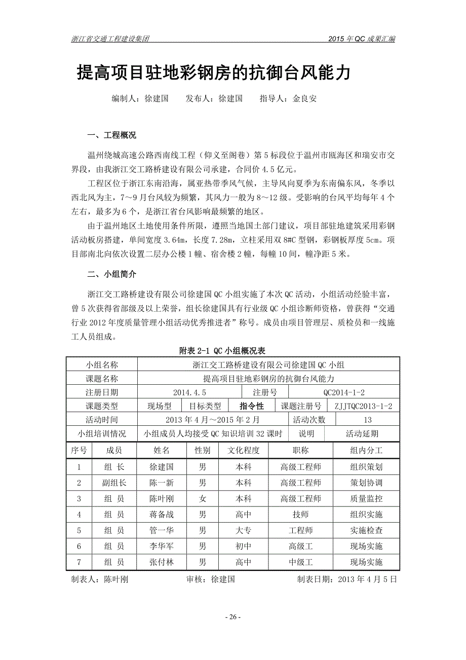 浙江高速公路驻地建筑提高项目驻地彩钢房的抗御台风能力QC成果_第2页