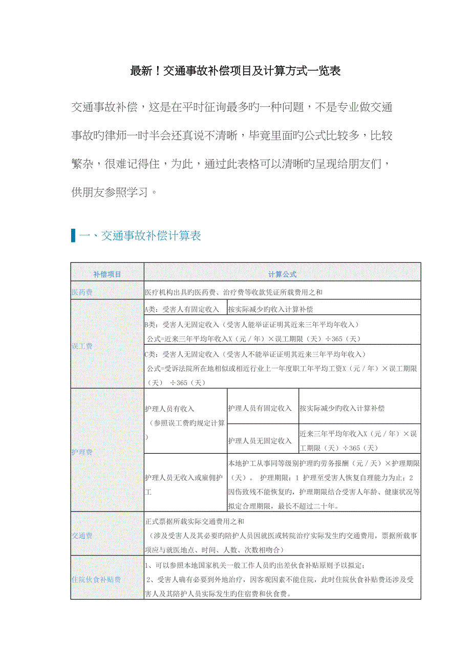 最新交通事故赔偿项目及计算方式一览表_第1页