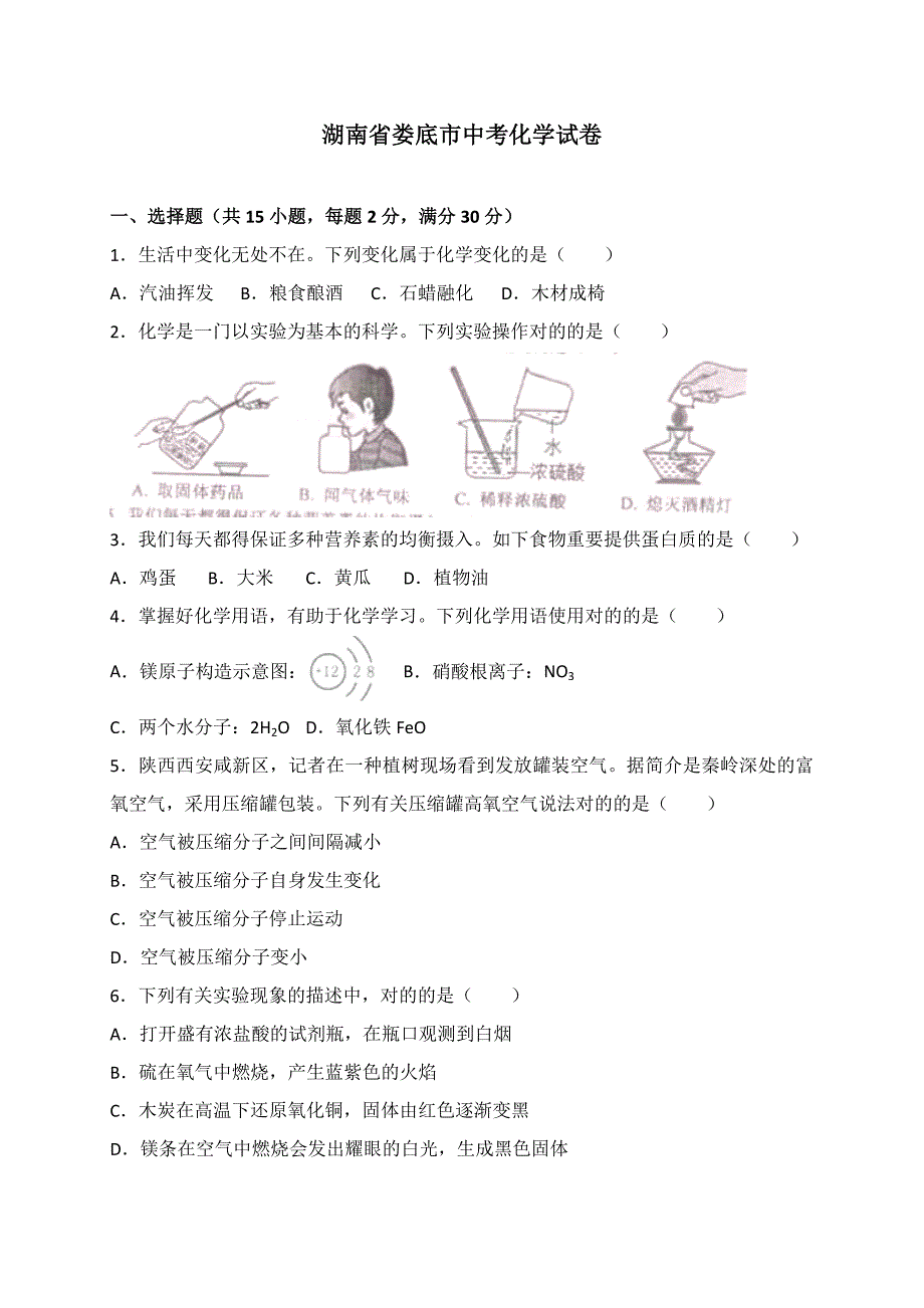 湖南省娄底市中考化学试题及答案解析版_第1页