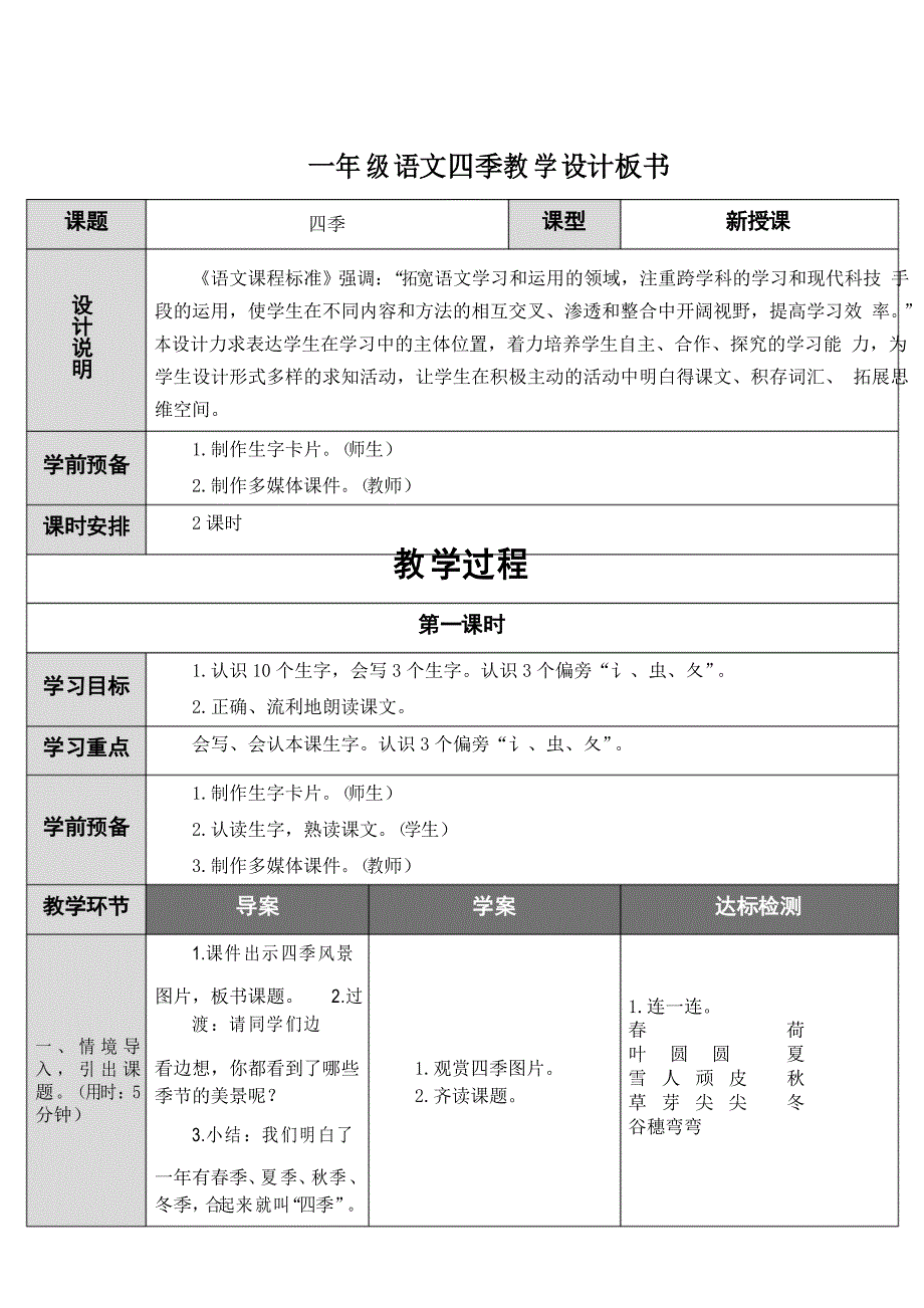 一年级语文四季教学设计板书_第1页