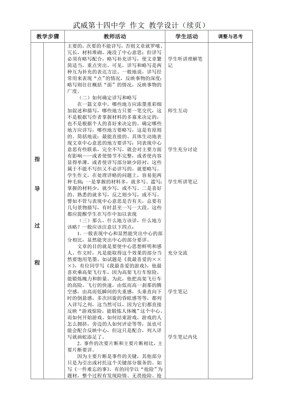 作文《记叙文中的详略安排》表格教学设计_第2页