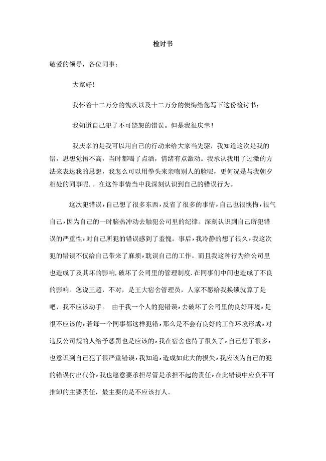 公司同事打架检讨书3000字.doc