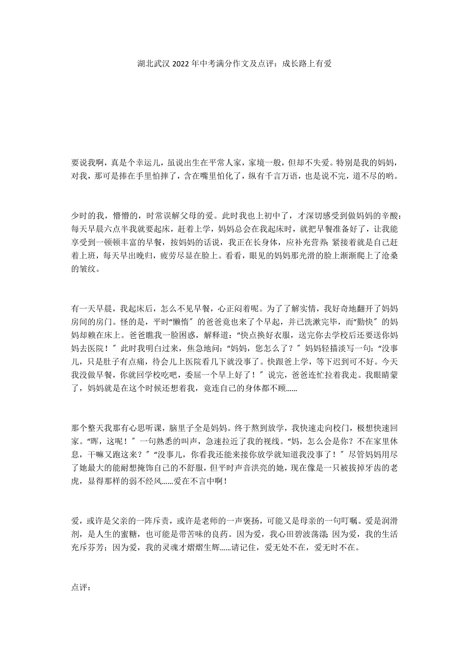 湖北武汉2022年中考满分作文及点评：成长路上有爱_第1页