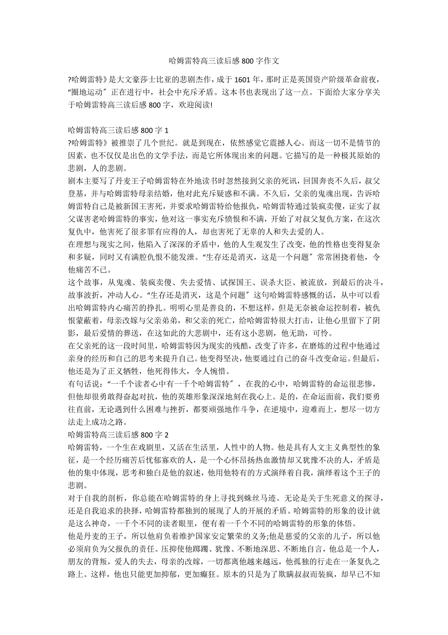 哈姆雷特高三读后感800字作文_第1页