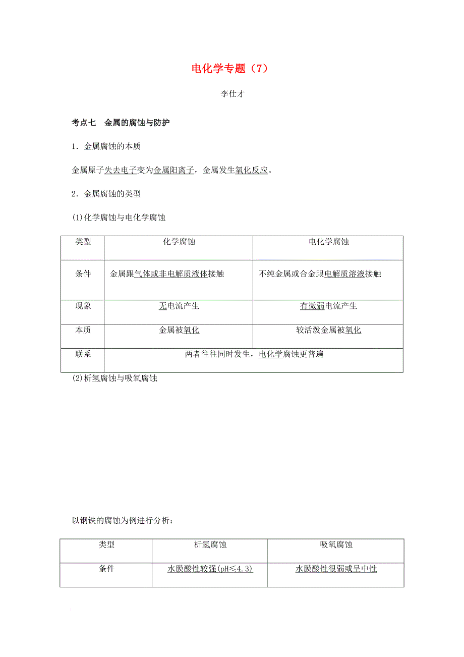 高考化学一轮复习讲义 电化学专题7金属的腐蚀与防护无答案_第1页