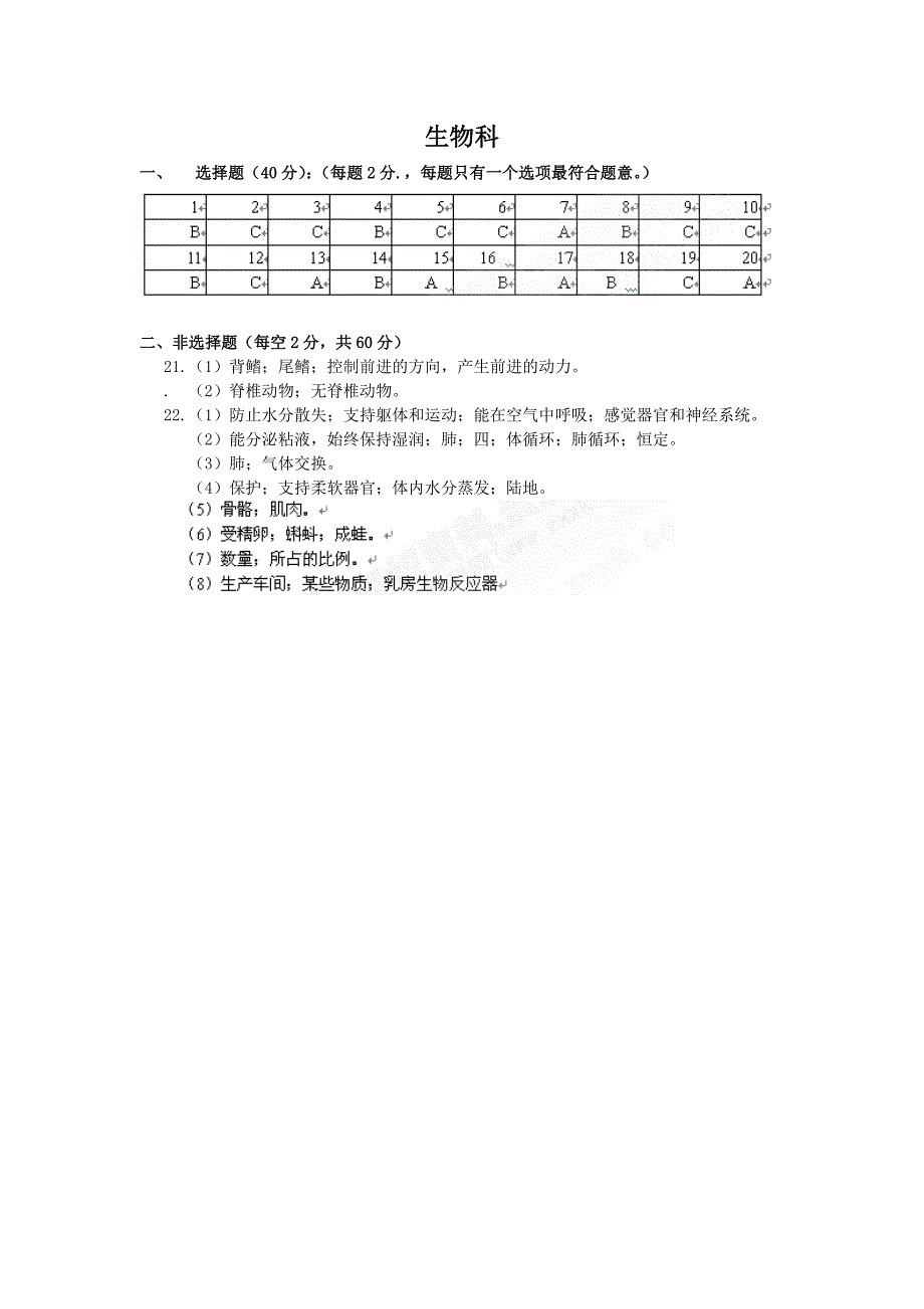 福建省厦门市杏南中学2010-2011学年八年级生物上学期期中考试_第4页