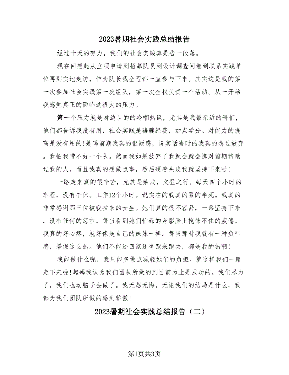 2023暑期社会实践总结报告（2篇）.doc_第1页