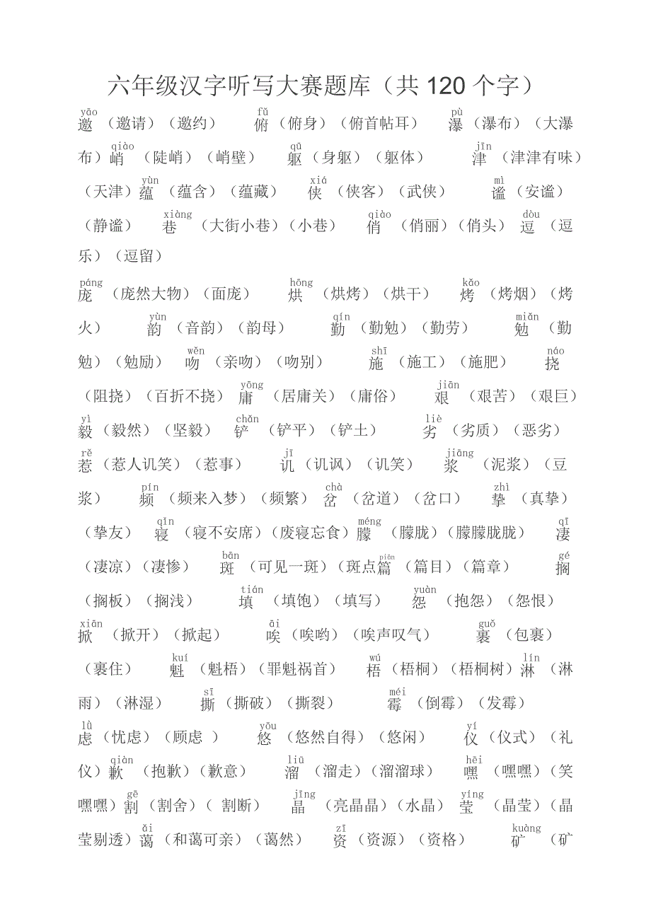 六年级汉字听写大赛题库.doc_第1页