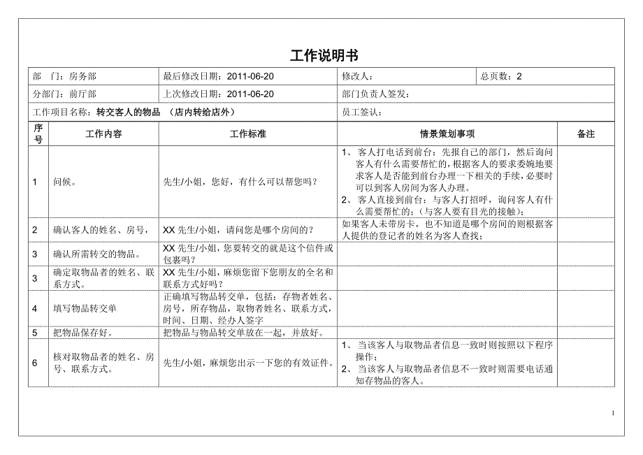 酒店前台培训033 转交客人的物品(店内转给店外)工作说明书_第1页