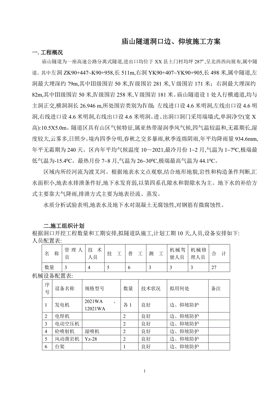 庙山隧道洞口边、仰坡施工方案_第1页