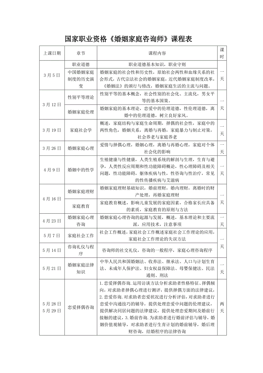 国家职业资格《婚姻家庭咨询师》课程表_第1页